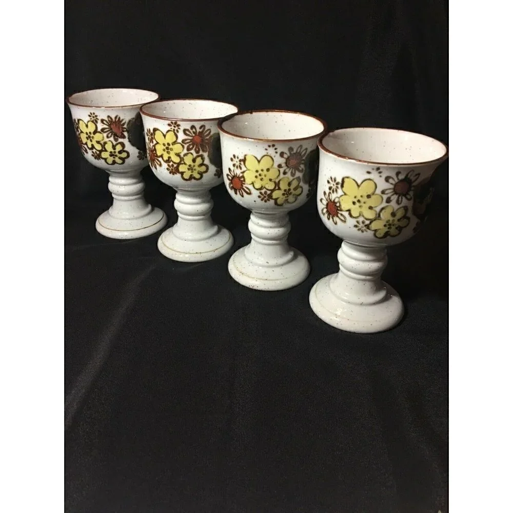 Vintage Otagiri Stoneware Goblets Wine Chalice Pansy Floral Ceramic Speckled